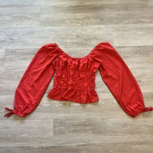 Better Unsaid Red Ruched Blouse Women's Cottagecore Whimsy Smocked-Size M